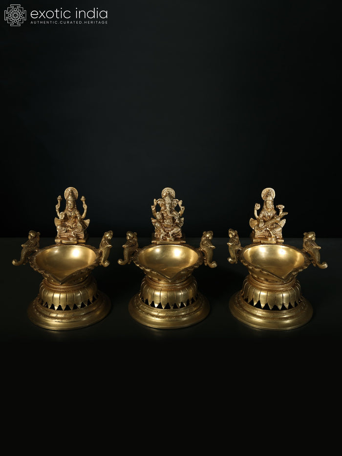 8" Brass Lakshmi Ganesha Saraswati Lamp Set for Pooja