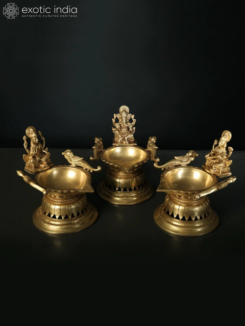 8" Brass Lakshmi Ganesha Saraswati Designer Lamp (Set of Three)