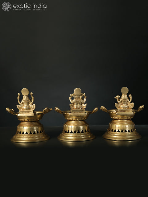 8" Brass Lakshmi Ganesha Saraswati Designer Lamp (Set of Three)