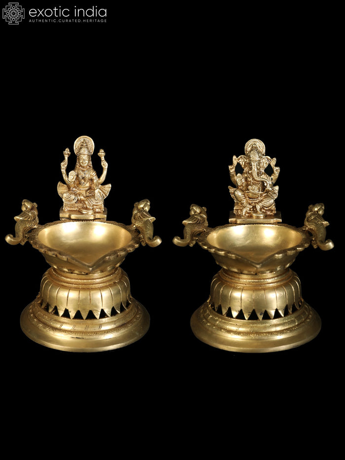 8" Lakshmi Ganesha Brass Oil Lamps for Pooja