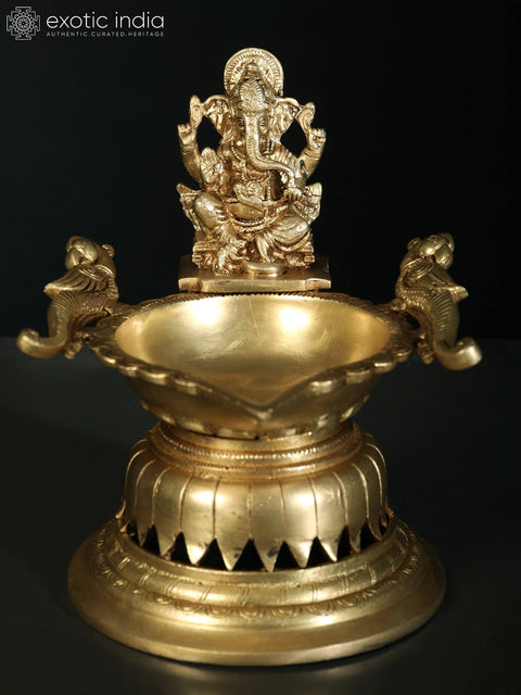 8" Pair of Lakshmi-Ganesha Lamps in Brass