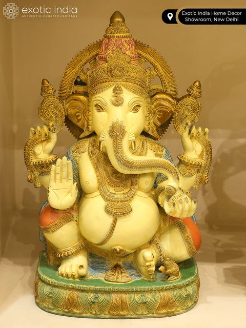 19" Colorful Blessing Lord Ganesha Idol in Brass