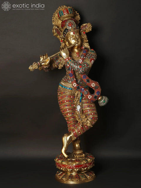 45" Large Superfine Standing Lord Krishna Playing Flute | Brass Statue with Inlay Work