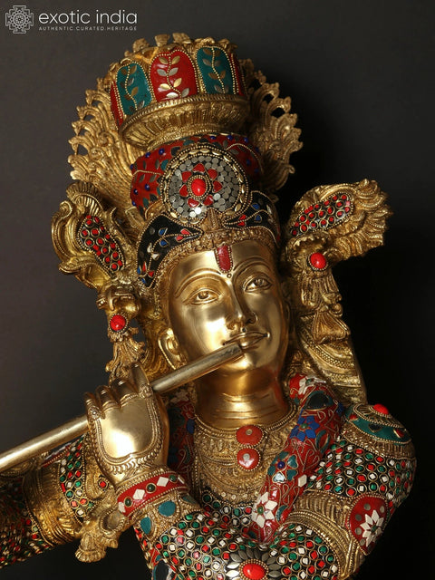 45" Large Superfine Standing Lord Krishna Playing Flute | Brass Statue with Inlay Work
