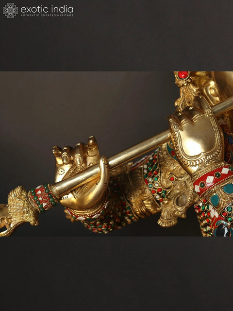 45" Large Superfine Standing Lord Krishna Playing Flute | Brass Statue with Inlay Work