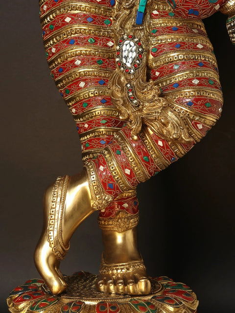 45" Large Superfine Standing Lord Krishna Playing Flute | Brass Statue with Inlay Work