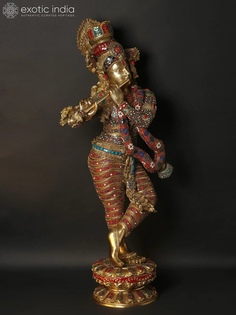 45" Large Superfine Standing Lord Krishna Playing Flute | Brass Statue with Inlay Work