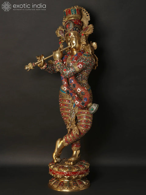 45" Large Superfine Standing Lord Krishna Playing Flute | Brass Statue with Inlay Work