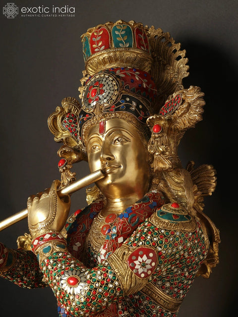 45" Large Superfine Standing Lord Krishna Playing Flute | Brass Statue with Inlay Work