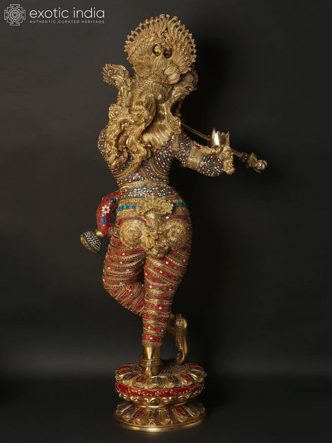 45" Large Superfine Standing Lord Krishna Playing Flute | Brass Statue with Inlay Work