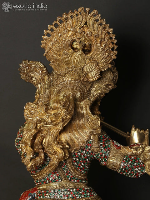 45" Large Superfine Standing Lord Krishna Playing Flute | Brass Statue with Inlay Work