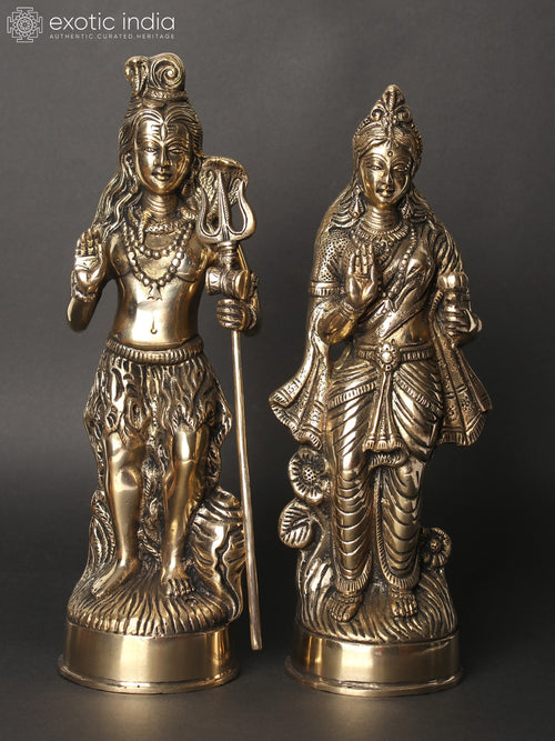 12" Standing Shiva Parvati Brass Idol Set in Blessing Gesture