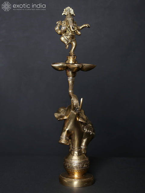 17" Dancing Ganesha Five Wicks Lamp on Elephant in Brass