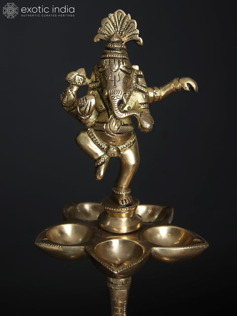 17" Dancing Ganesha Five Wicks Lamp on Elephant in Brass