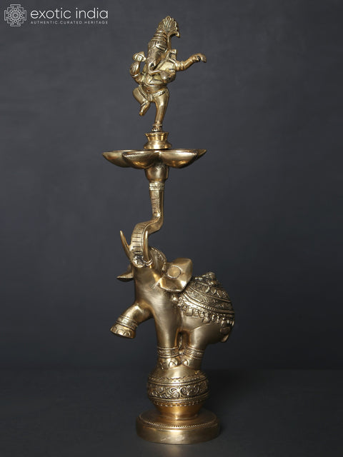 17" Dancing Ganesha Five Wicks Lamp on Elephant in Brass