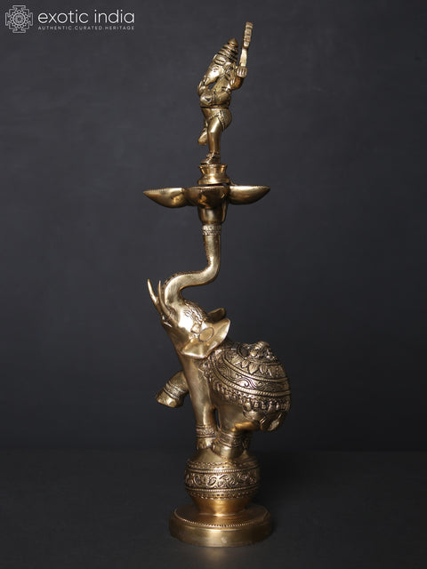 17" Dancing Ganesha Five Wicks Lamp on Elephant in Brass