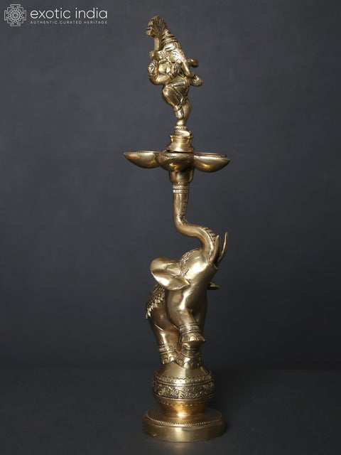 17" Dancing Ganesha Five Wicks Lamp on Elephant in Brass