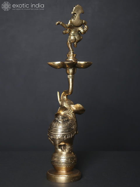 17" Dancing Ganesha Five Wicks Lamp on Elephant in Brass