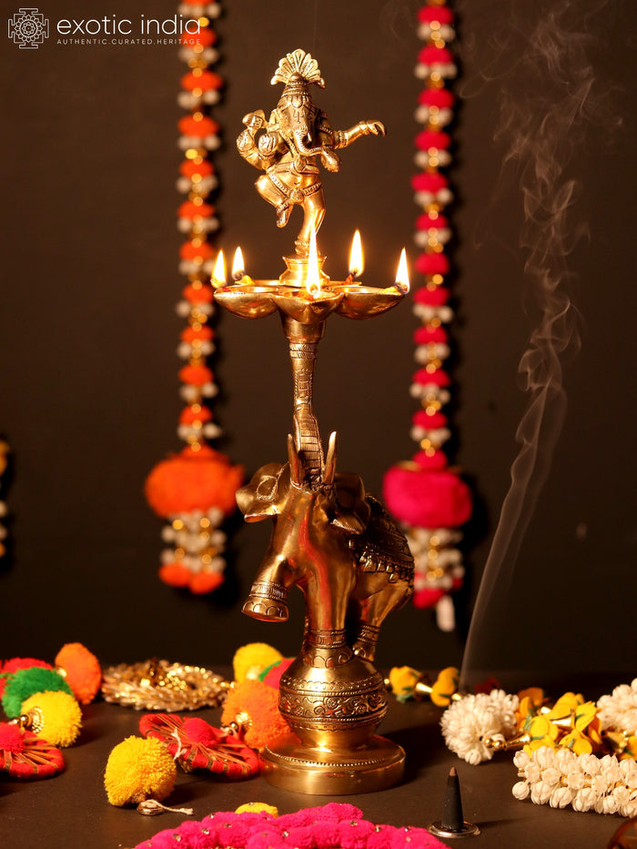 17" Brass Dancing Ganesha Five Wick Oil Lamp with Elephant