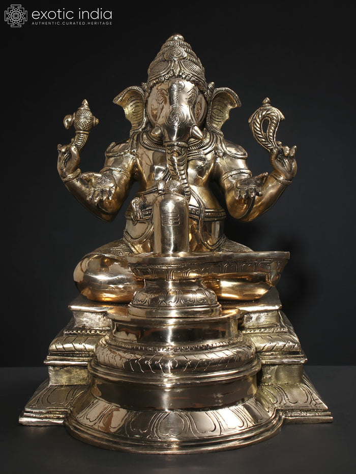 14" Brass Ganesha Worshipping Shivalinga Statue for Pooja