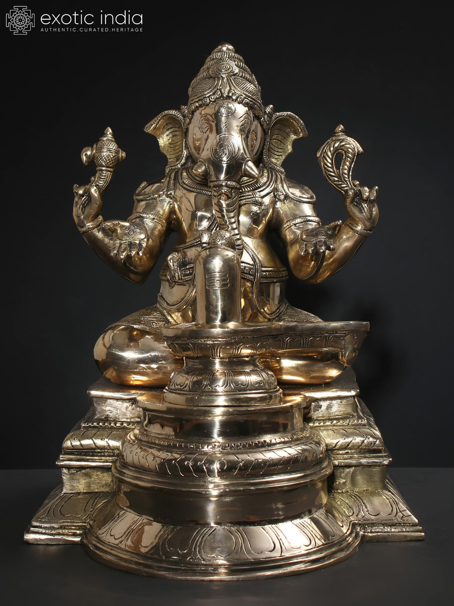 14" Brass Ganesha Worshipping Shivalinga Statue for Pooja