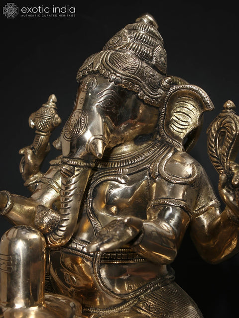 14" Lord Ganesha Worshipping Shivalinga | Brass Statue