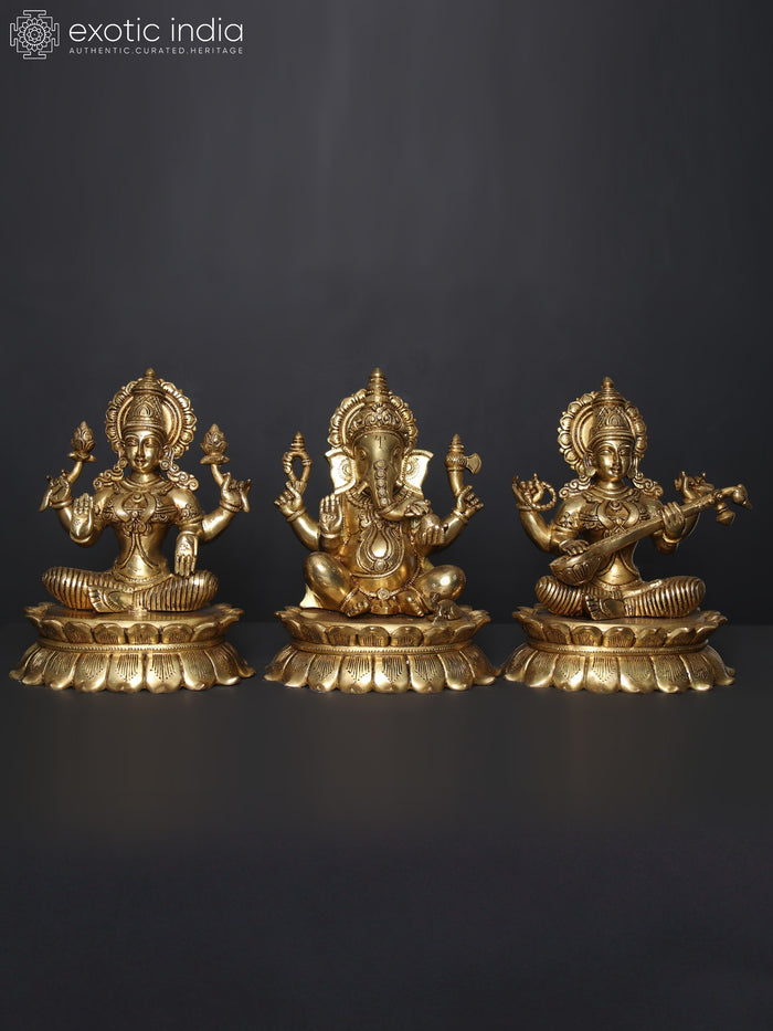 11" Lakshmi Ganesha Saraswati Brass Statue Set on Lotus