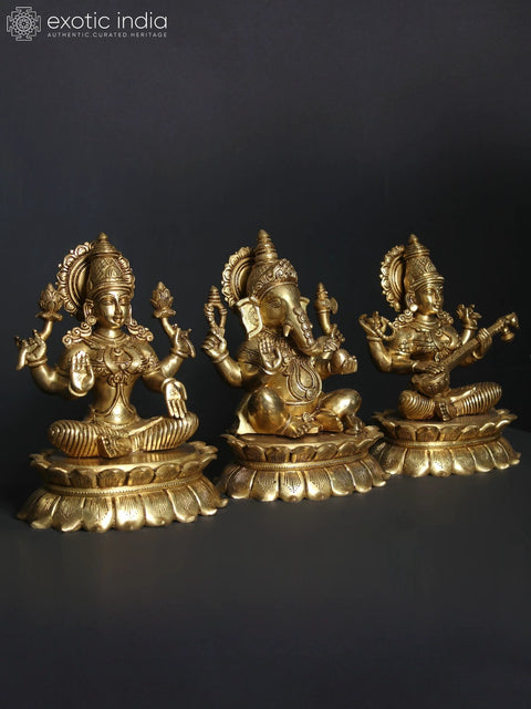 11" Lakshmi Ganesha Saraswati Seated on Lotus | Set of 3 Brass Statues