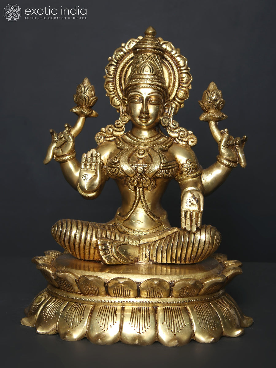 11" Four-Armed Devi Lakshmi Brass Idol Seated on Lotus
