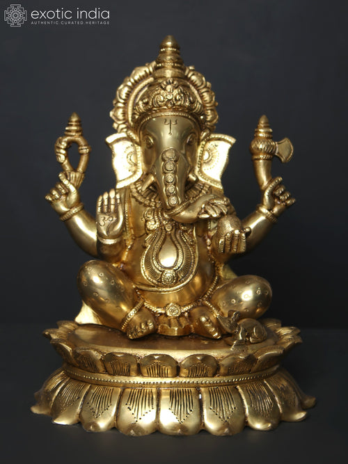 11" Chaturbhuja Ganesha Brass Idol Seated on Lotus