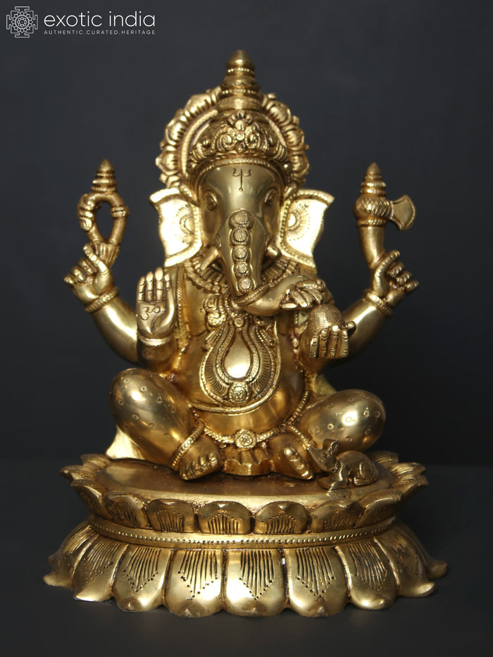 11" Chaturbhuja Ganesha Brass Idol Seated on Lotus