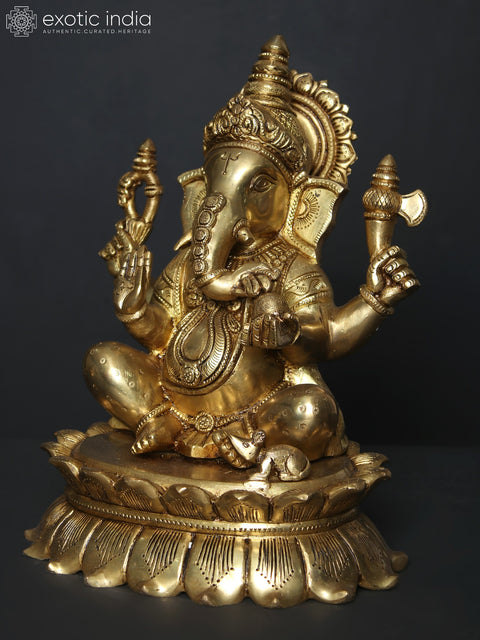 11" Chaturbhuja Ganesha Idol Seated on Lotus | Brass Statue