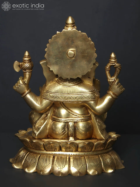 11" Chaturbhuja Ganesha Idol Seated on Lotus | Brass Statue