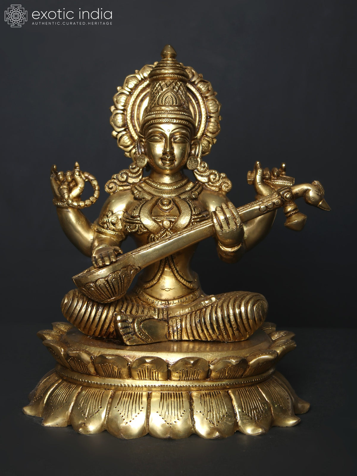 11" Brass Devi Saraswati Idol Seated on Lotus Statue