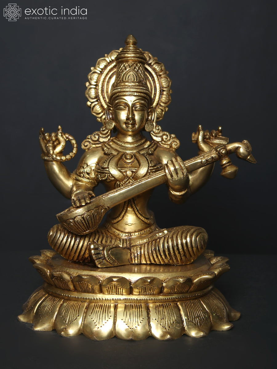 11" Brass Devi Saraswati Idol Seated on Lotus Statue