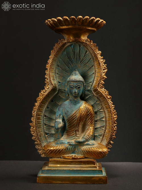11" Blessing Buddha Seated on Throne Brass Idol