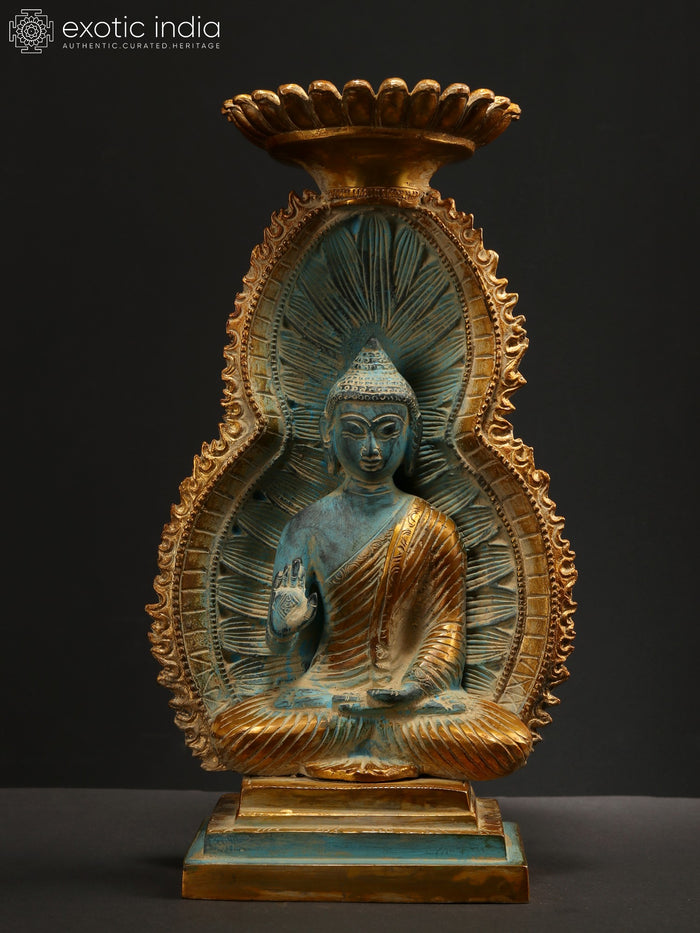 11" Blessing Buddha Seated on Throne Brass Idol