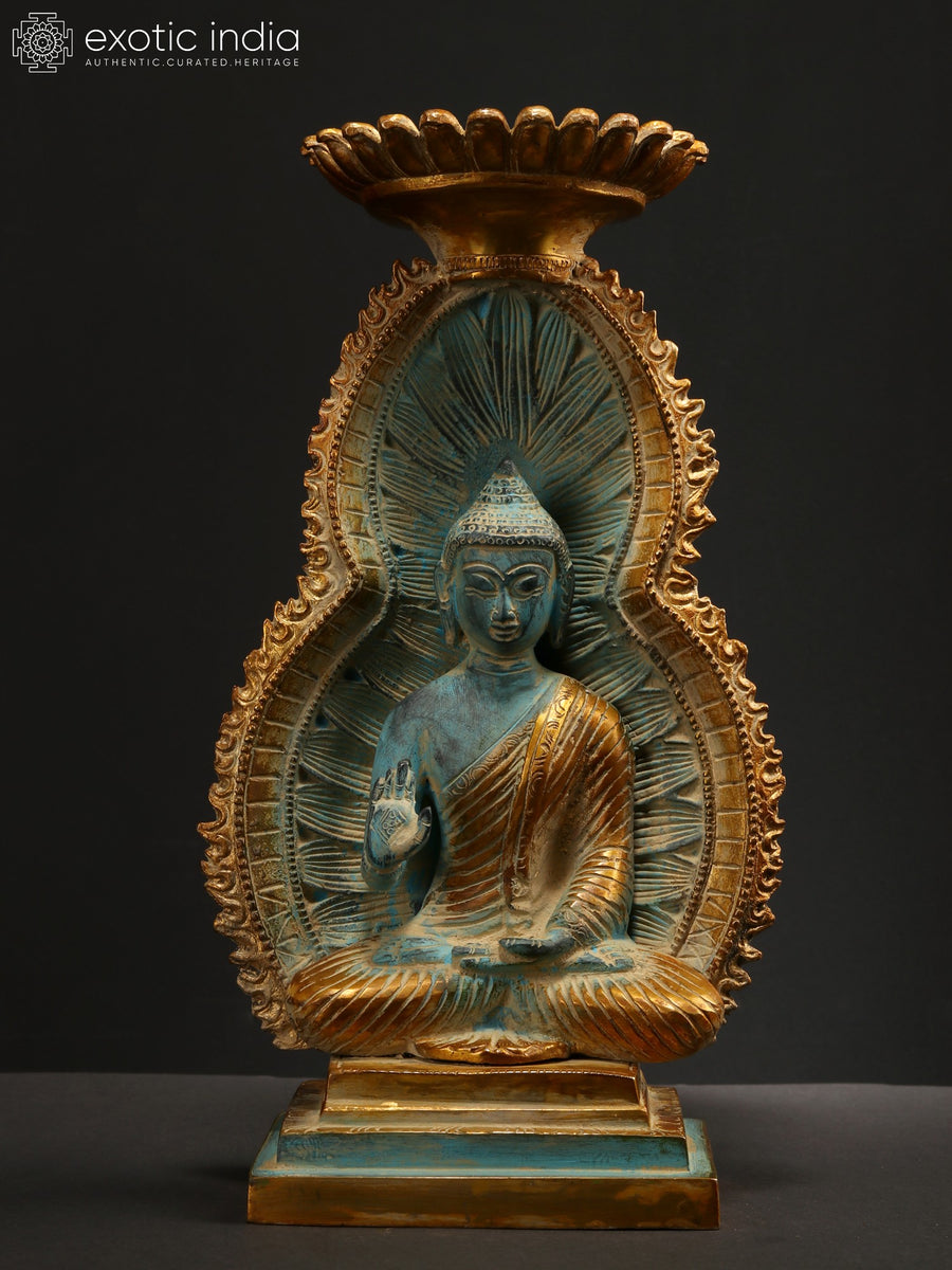 11" Blessing Buddha Seated on Throne Brass Idol