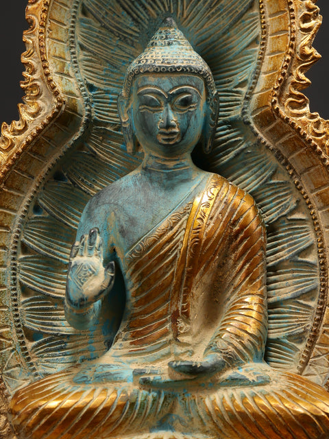 11" Blessing Buddha Idol Seated on Throne | Brass Statue