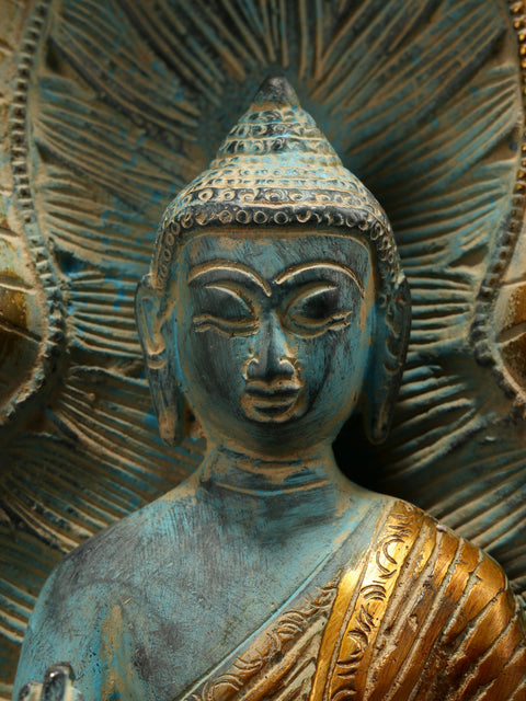 11" Blessing Buddha Idol Seated on Throne | Brass Statue