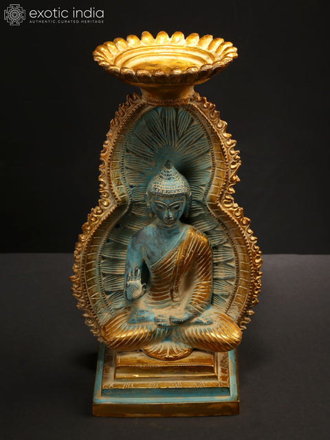 11" Blessing Buddha Idol Seated on Throne | Brass Statue