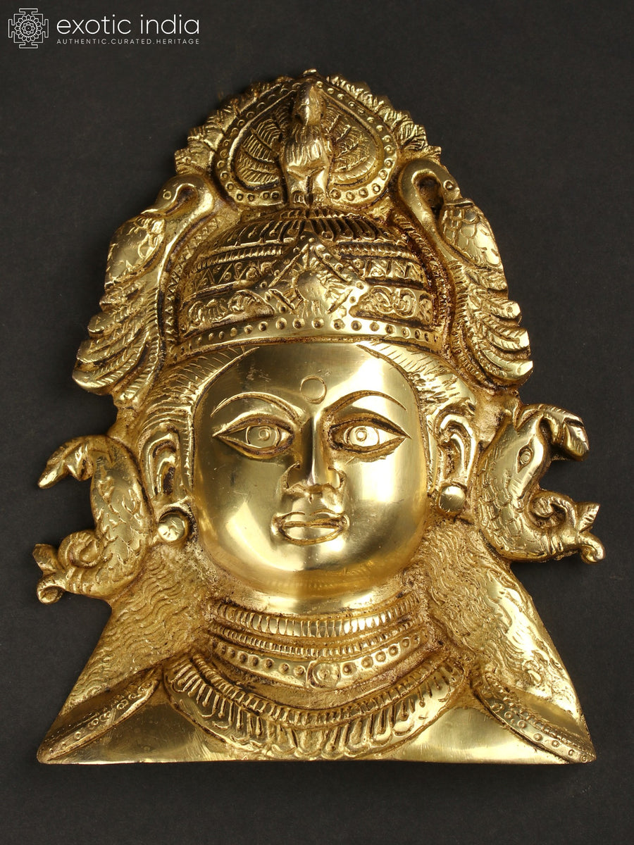 6" Brass Goddess Durga Wall Hanging Mask with Fish Earrings