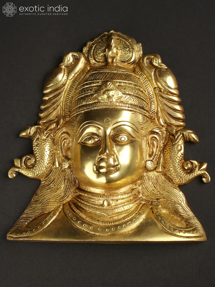 8" Brass Goddess Durga Mask with Fish Shaped Earrings | Wall Hanging