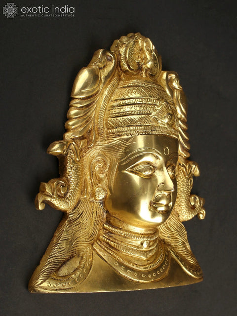 8" Brass Goddess Durga Mask with Fish Shaped Earrings | Wall Hanging