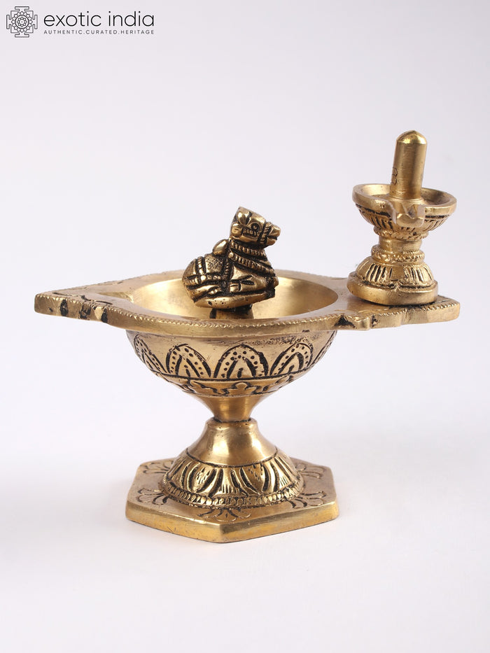 4" Small Brass Nandi Shivalinga Diya Lamp for Pooja