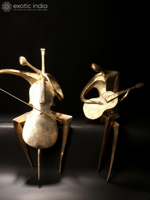 20" Set of Two Musicians Brass Statues | Table Decorative Showpiece
