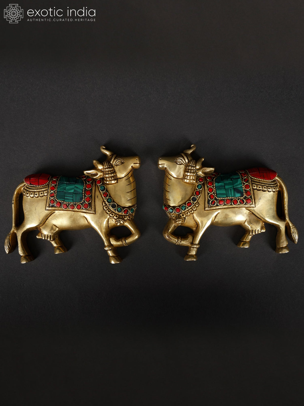 5" Brass Kamadhenu Cow Pair Handmade Wall Decor with Inlay