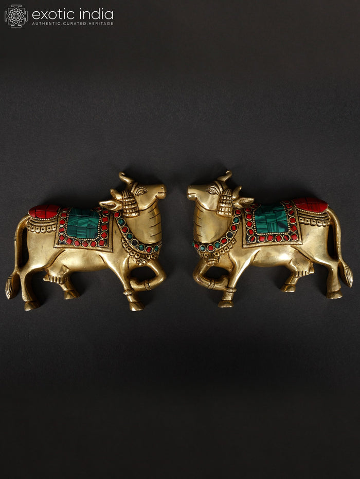 5" Brass Kamadhenu Cow Pair Handmade Wall Decor with Inlay