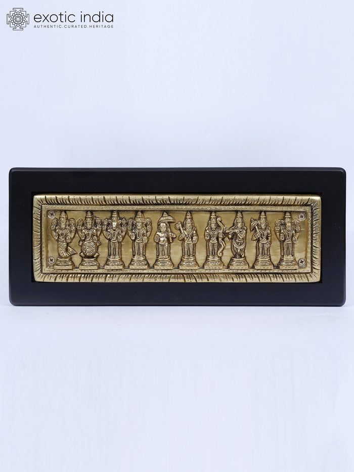 16" Dashavatara of Lord Vishnu Brass Wall Hanging with Wood Frame