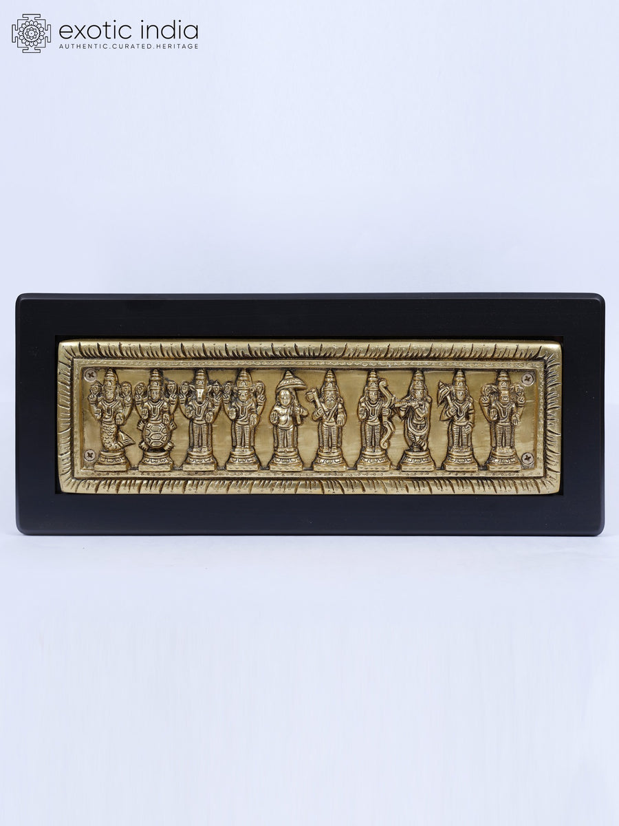 16" Dashavatara of Lord Vishnu Brass Wall Hanging with Wood Frame